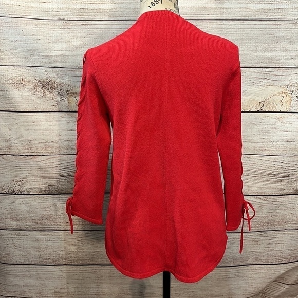 Ball of Cotton Lightweight Sweater Lace Up 3/4 Sleeves Red Size Small - Picture 6 of 7